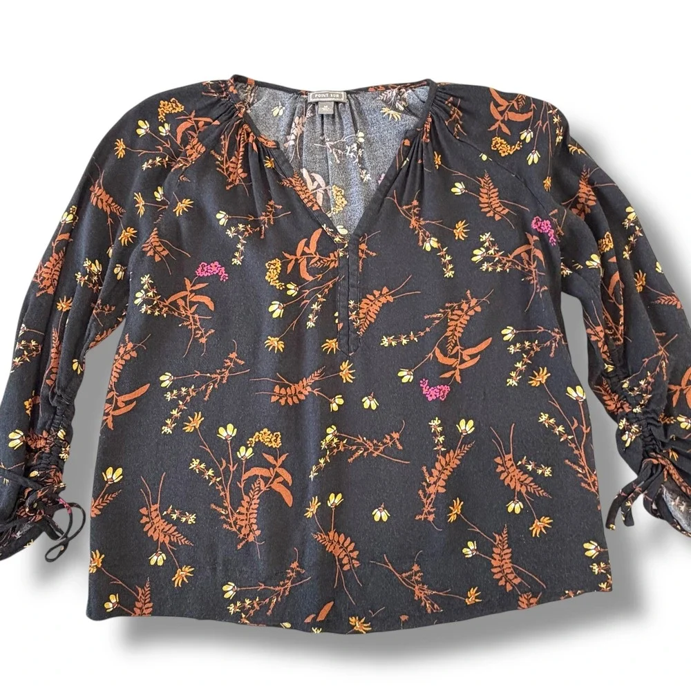 POINT SUR Black Floral Print‎ V Neck Long Sleeve Gathered Cuff Blouse Women's M